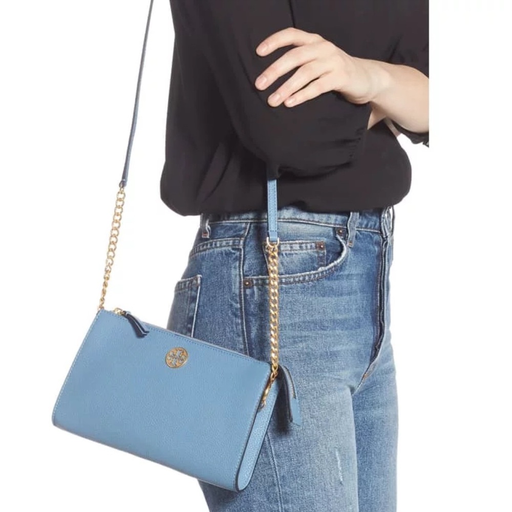 Tory Burch Mini Everly Blue Crossbody Bag with Gold Chain